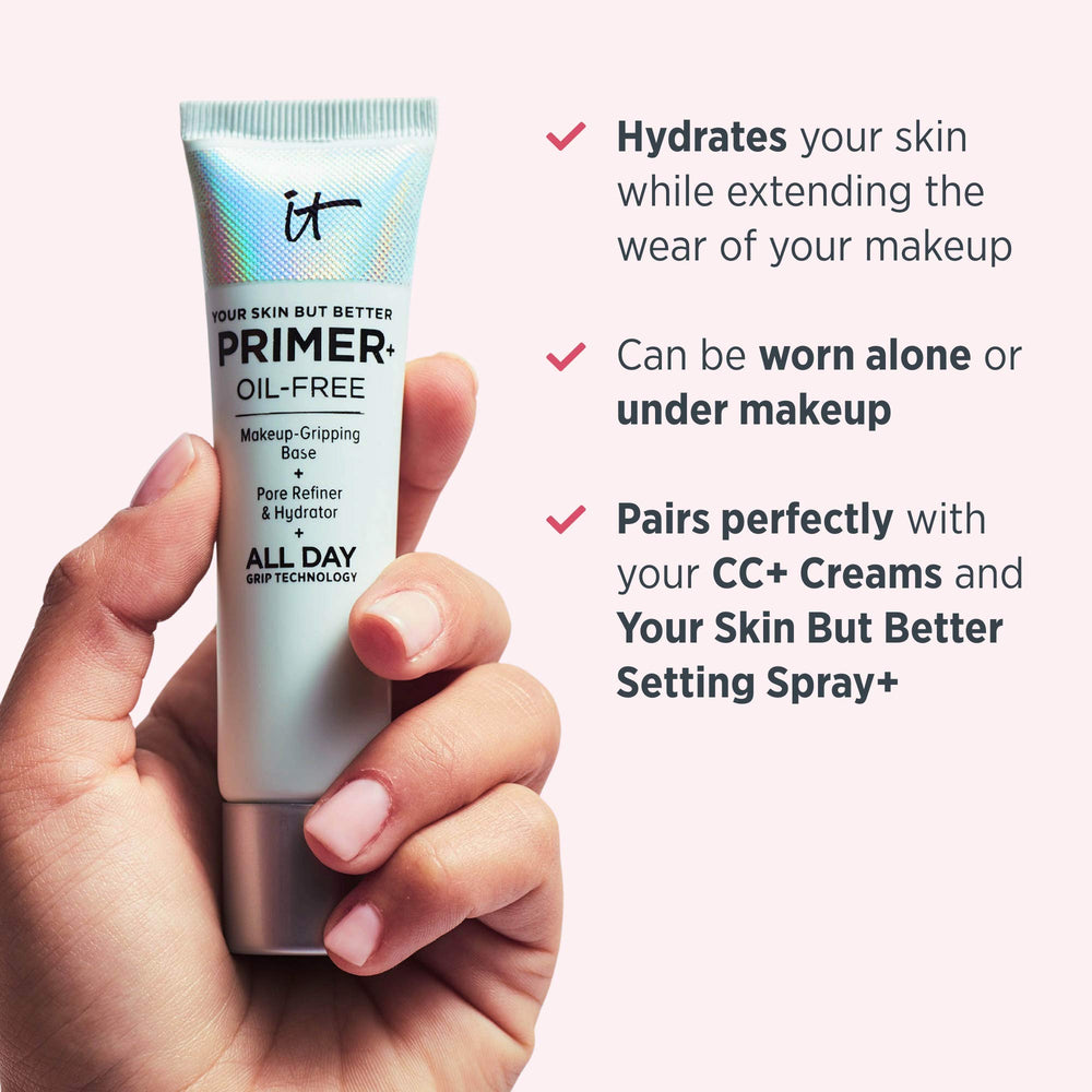 IT Cosmetics primer on bathroom vanity next to skincare suggesting daily routine benefit: integrates with regimen