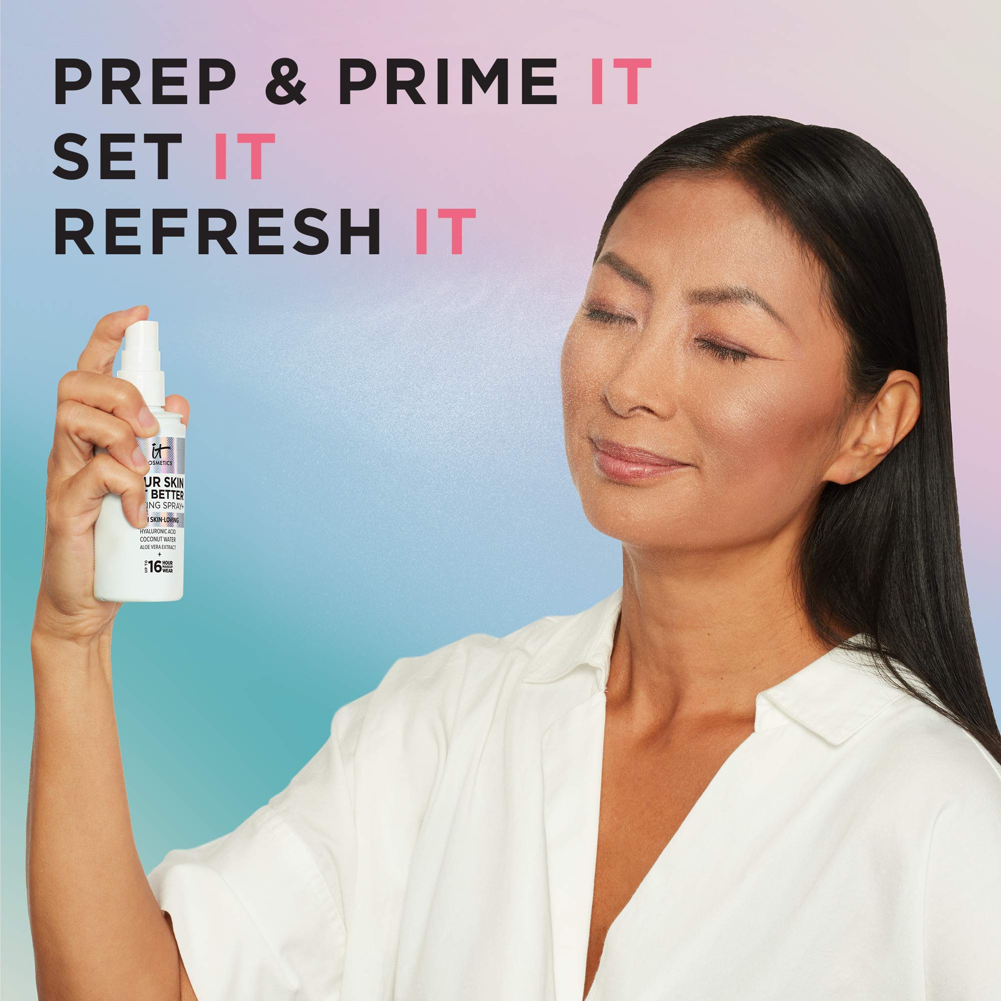IT Cosmetics bottle in a makeup bag lifestyle shot showing portable hydration and touch-ups