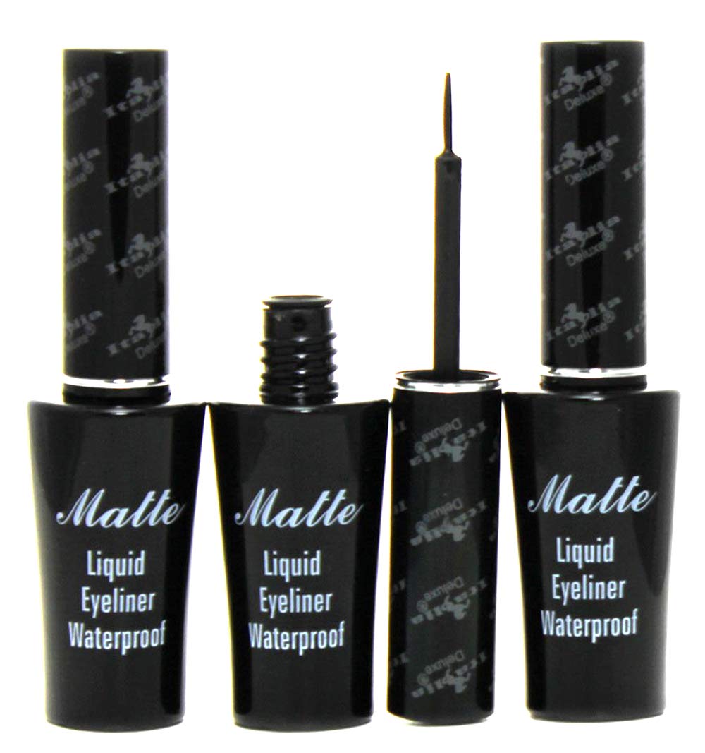 Italia Deluxe matte liquid eyeliner front view showing three pens and packaging benefit long-lasting