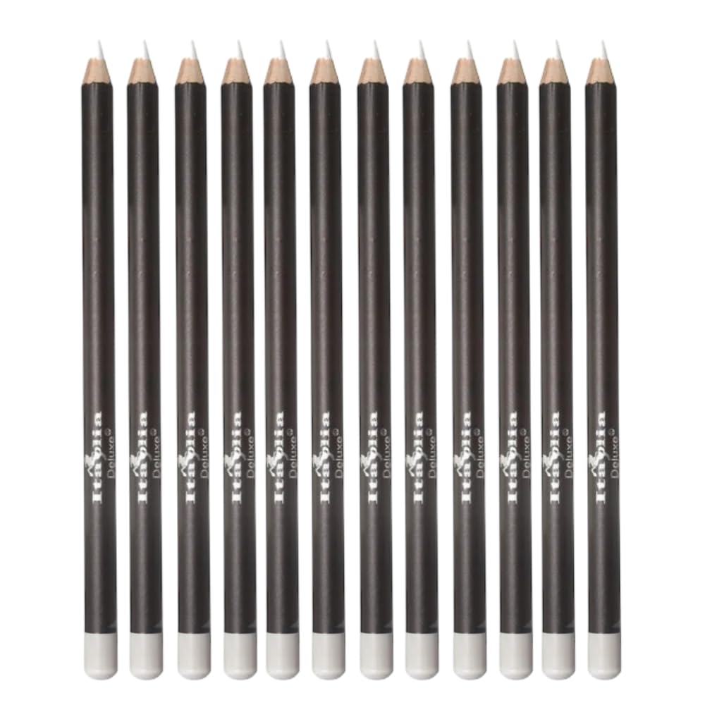 Italia Deluxe white eyeliner front packaging showing 12 pencils and product benefit