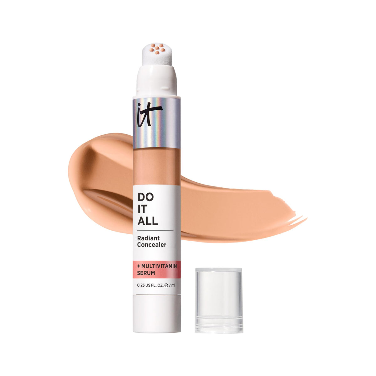IT Cosmetics front packaging showing product and shade, convenient travel size benefit