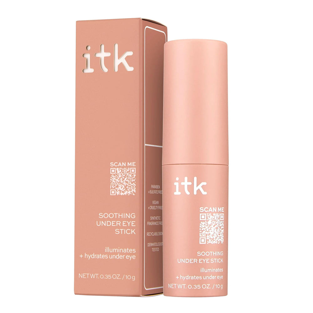 ITK under eye stick front packaging showing compact travel tube and label benefits