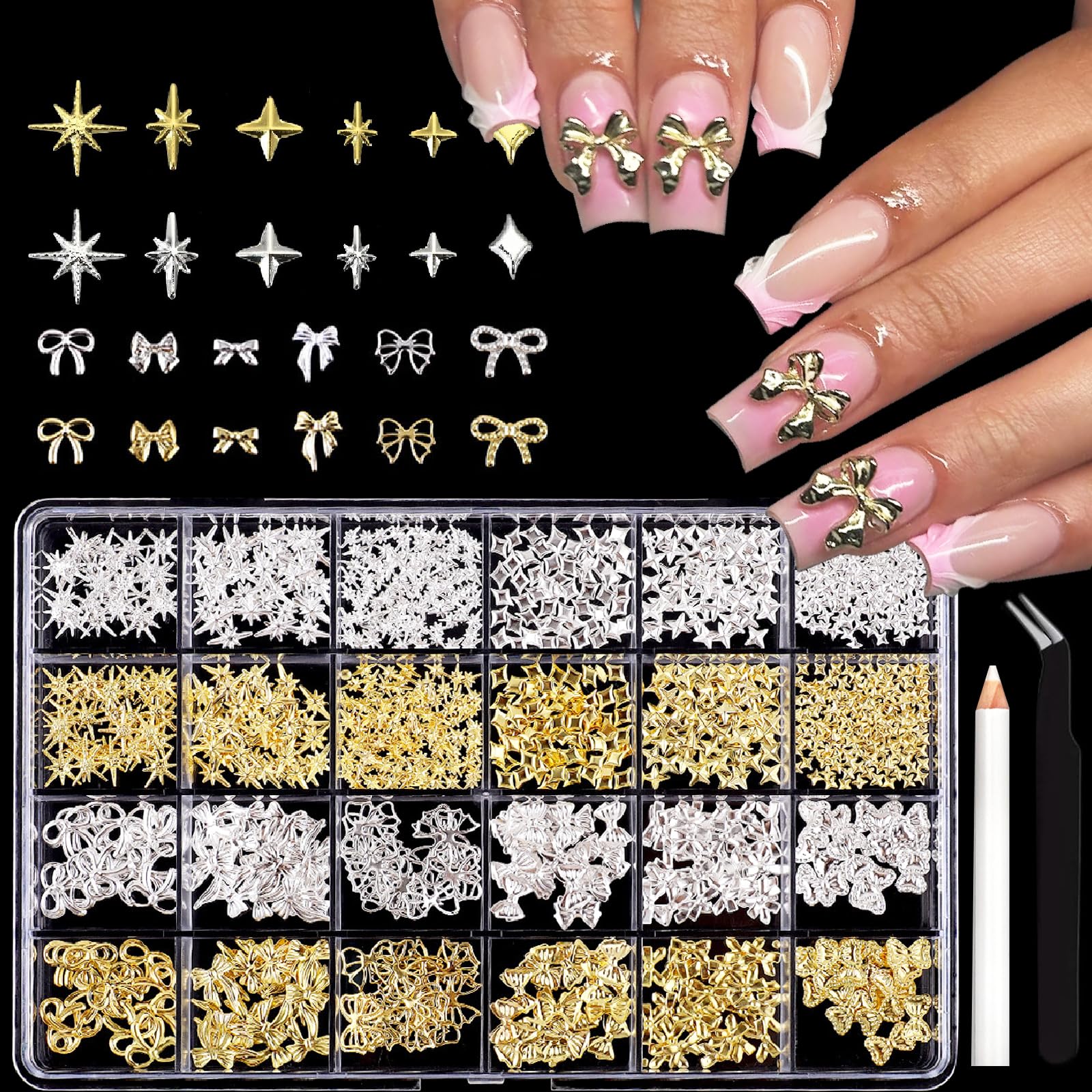 ITPOYOL front packaging showing gold and silver nail charms and included tools for easy choice
