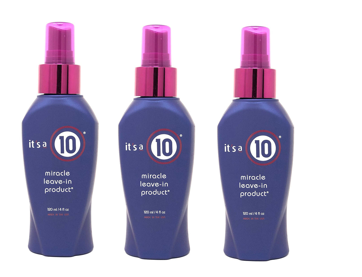 It's a 10 Haircare front packaging three 4 fl oz bottles showing compact travel size and label benefits