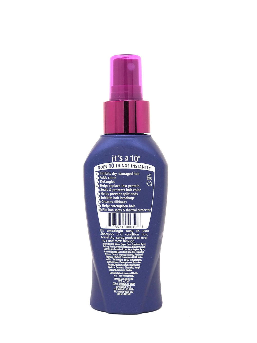 It's a 10 Haircare spray in hand demonstrating easy mist application for faster detangling and shine
