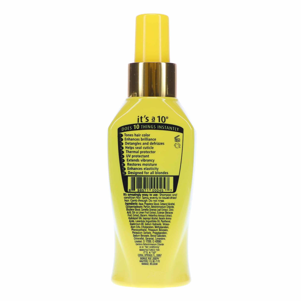 It's a 10 mist spray in use on blonde hair delivering detangling and tone benefit