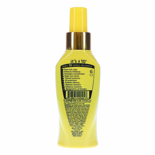 It's a 10 mist spray in use on blonde hair delivering detangling and tone benefit