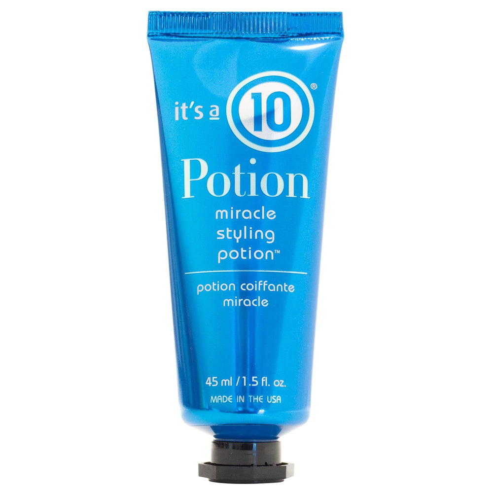 It's a 10 Haircare front bottle of Potion Miracle Styling Potion showing compact travel-sized packaging and easy application