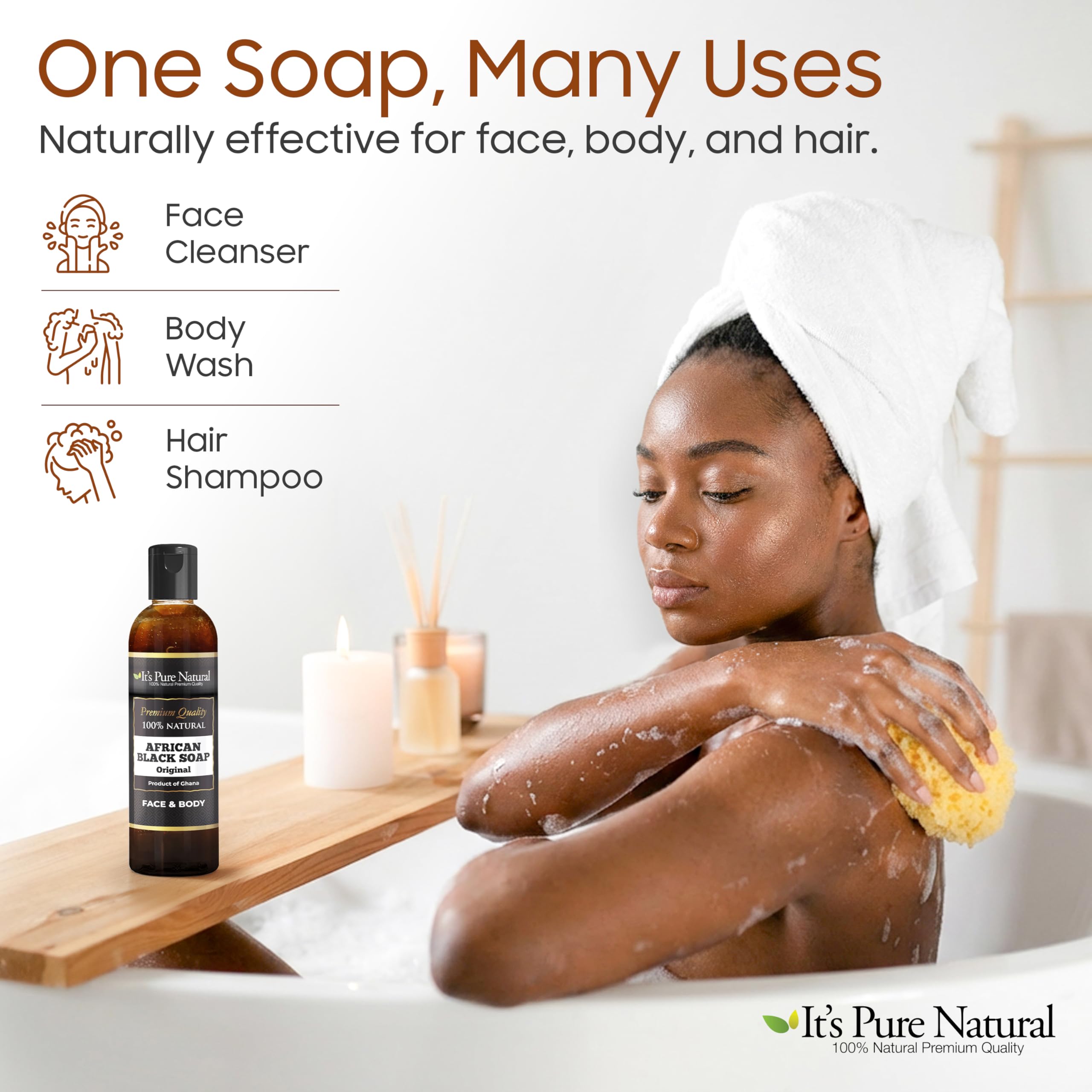 It's Pure Natural next to a measuring cup showing 8oz size for travel
