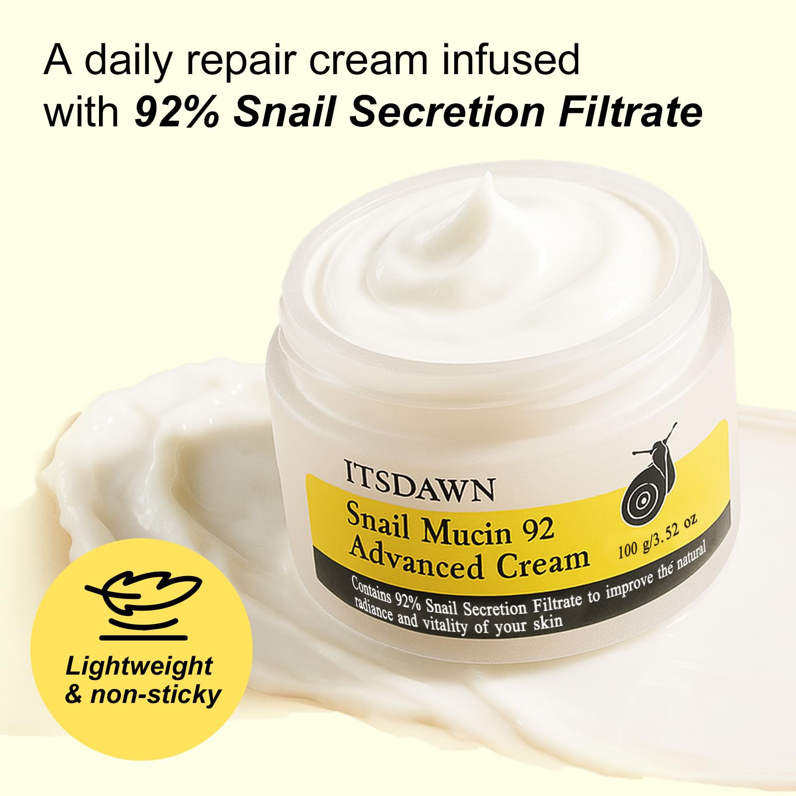 ITSDAWN ingredient bottle next to jar highlighting 92% mucin strength