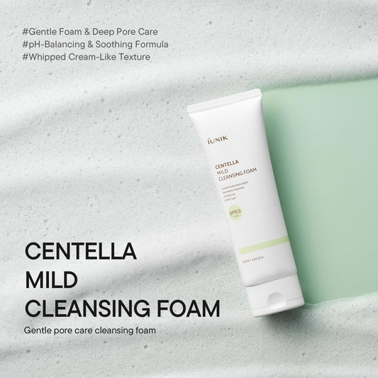 IUNIK pump dispensing creamy foam texture, gentle cleansing and soft lather benefit