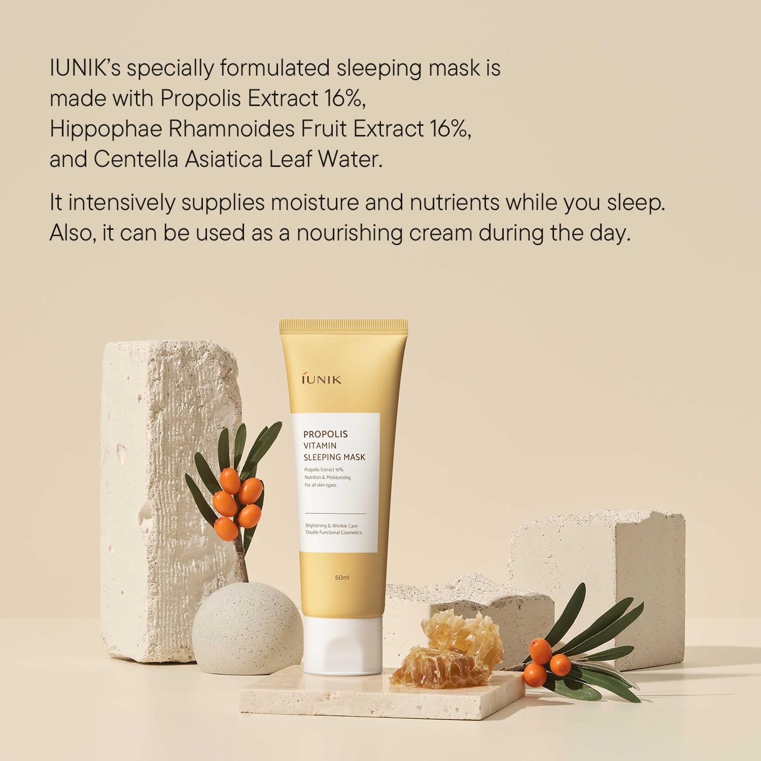 IUNIK propolis ingredient display indicating antioxidant-rich nourishment