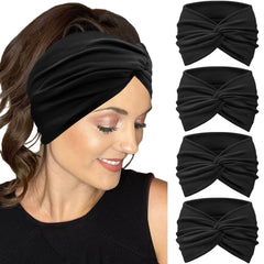 IVARYSS front view of four-pack black headbands shows value and style