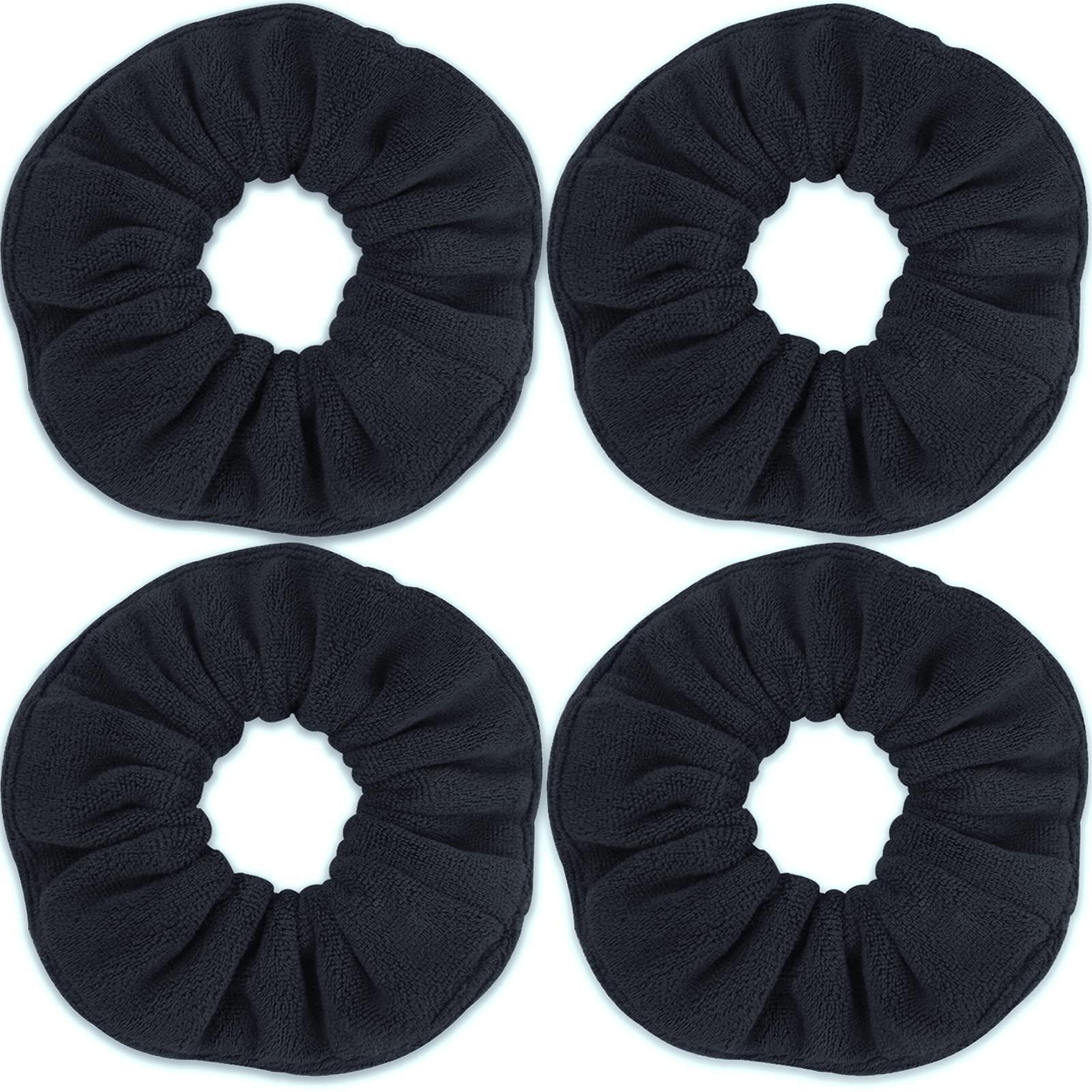 IVARYSS front view of four black super towel scrunchies, fast drying