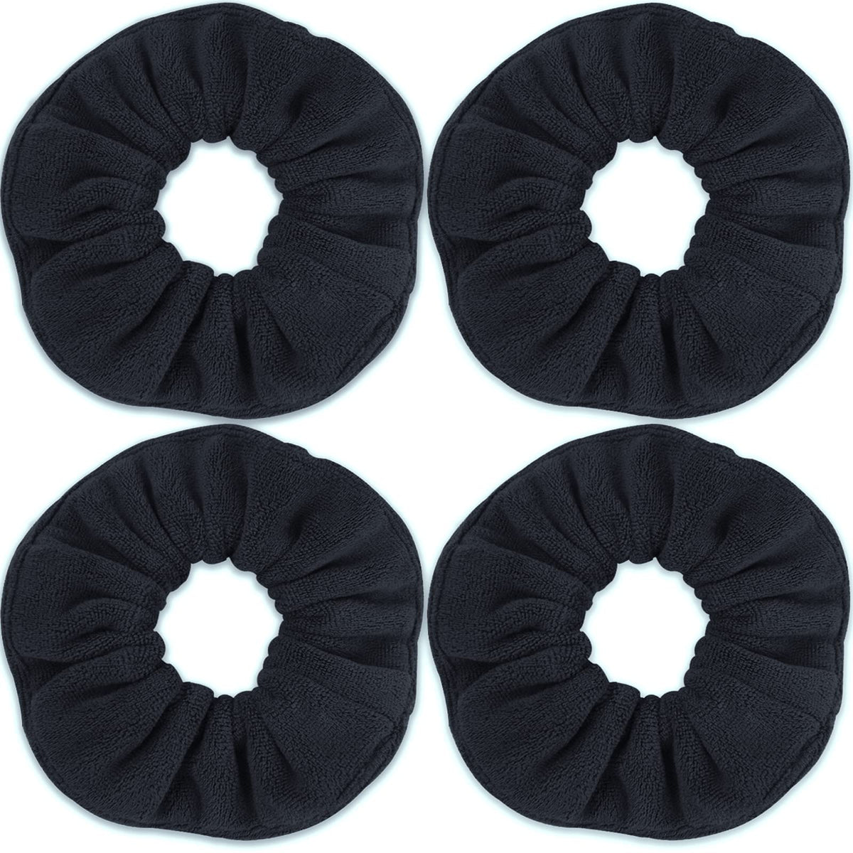 IVARYSS front view of four black super towel scrunchies, fast drying