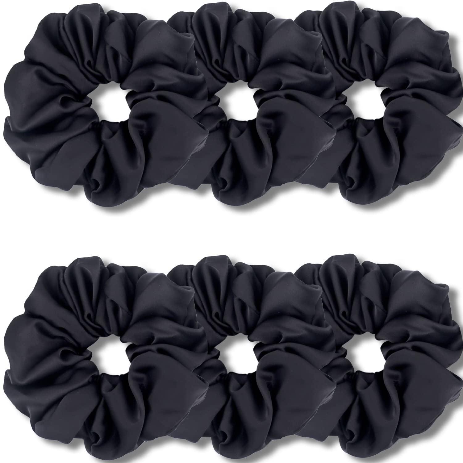 IVARYSS front view of six black XL satin scrunchies, neat pack benefit