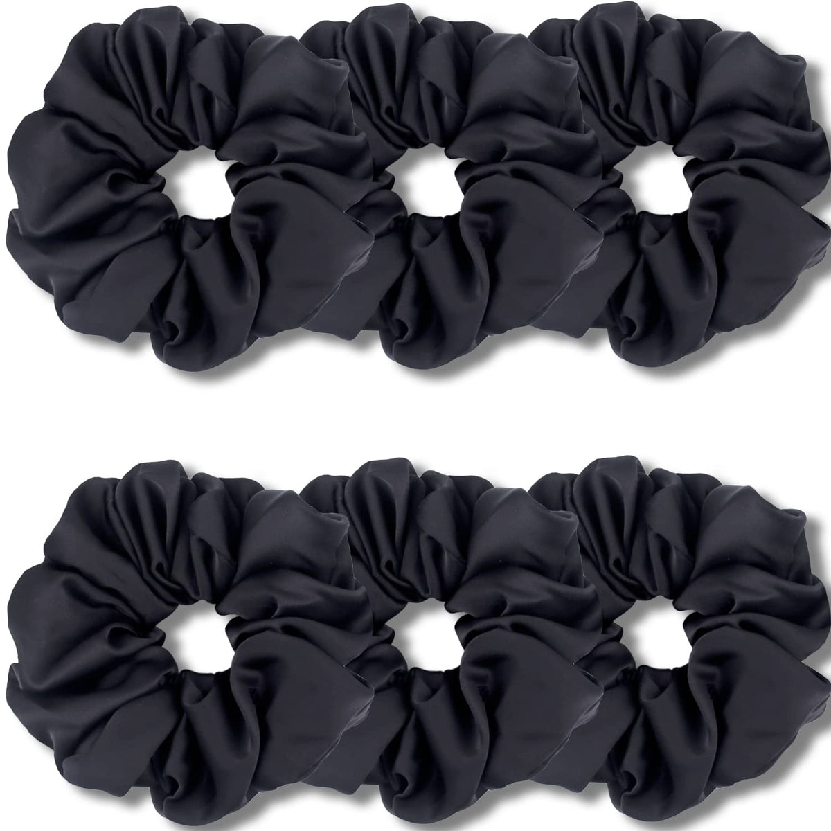 IVARYSS front view of six black XL satin scrunchies, neat pack benefit