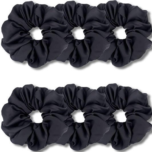 IVARYSS front view of six black XL satin scrunchies, neat pack benefit