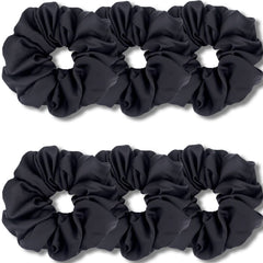 IVARYSS front view of six black XL satin scrunchies, neat pack benefit