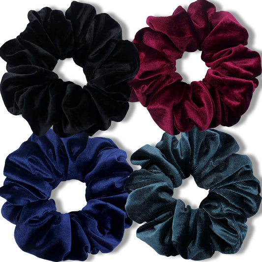 IVARYSS front view of four-pack scrunchies showing dark colors and packaging benefit