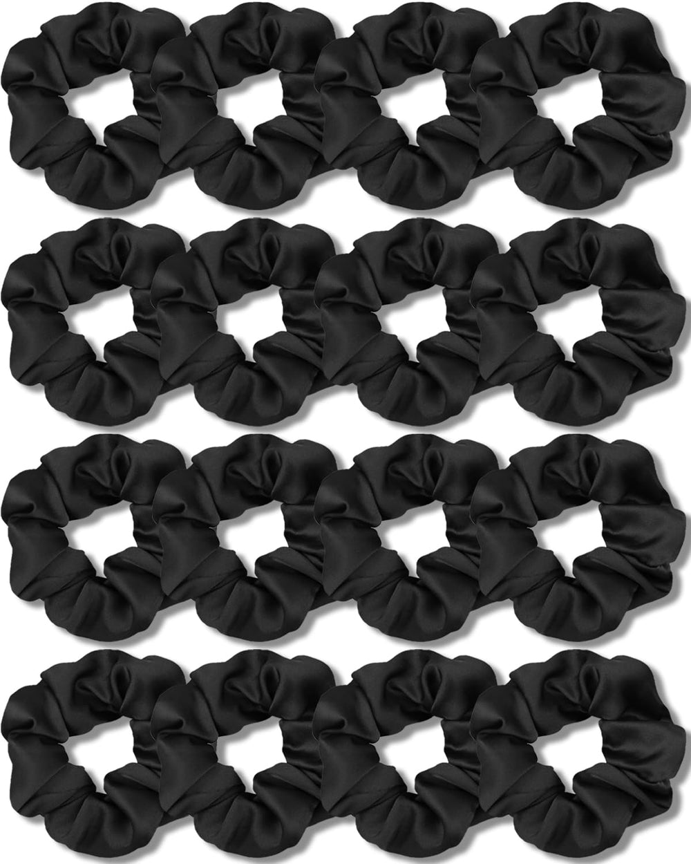 IVARYSS front view of 16 black scrunchies showing neat pack and value