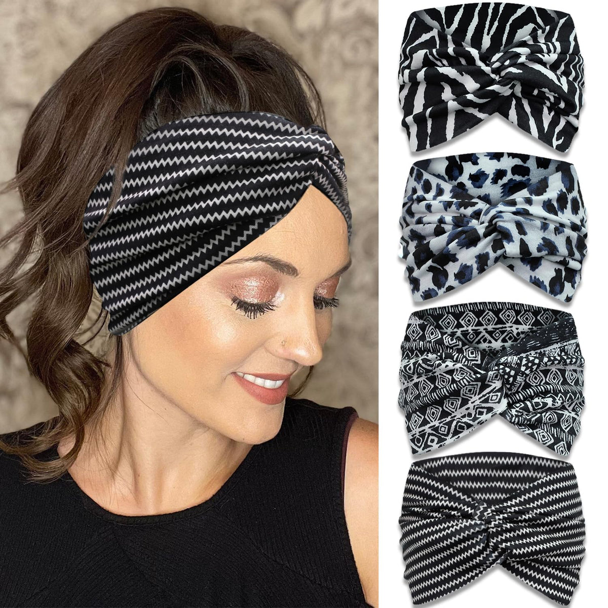 IVARYSS front-packaging showing four white and black headbands, ready to wear