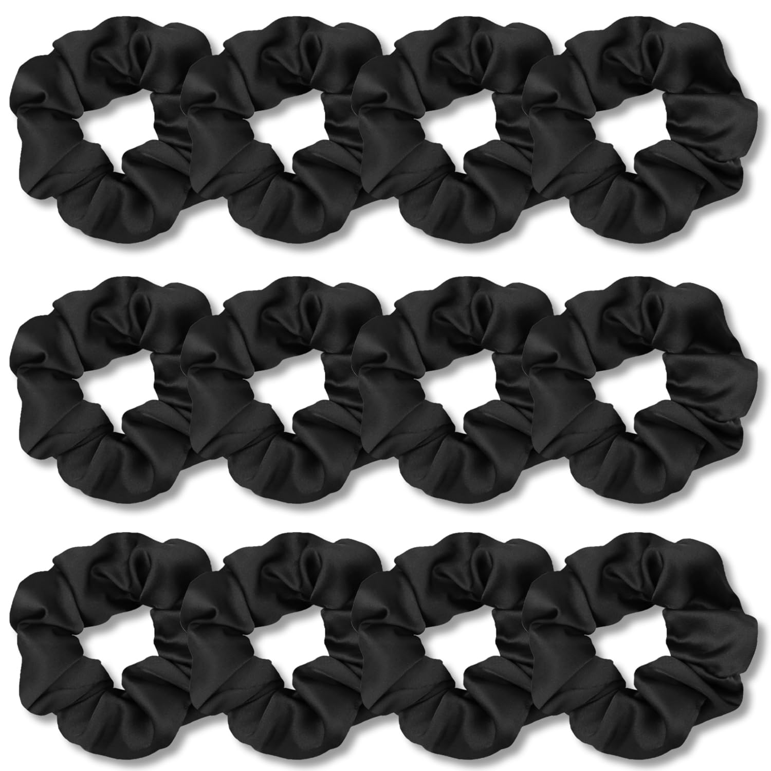 IVARYSS front packaging showing 12 black satin scrunchies and neat arrangement for convenience