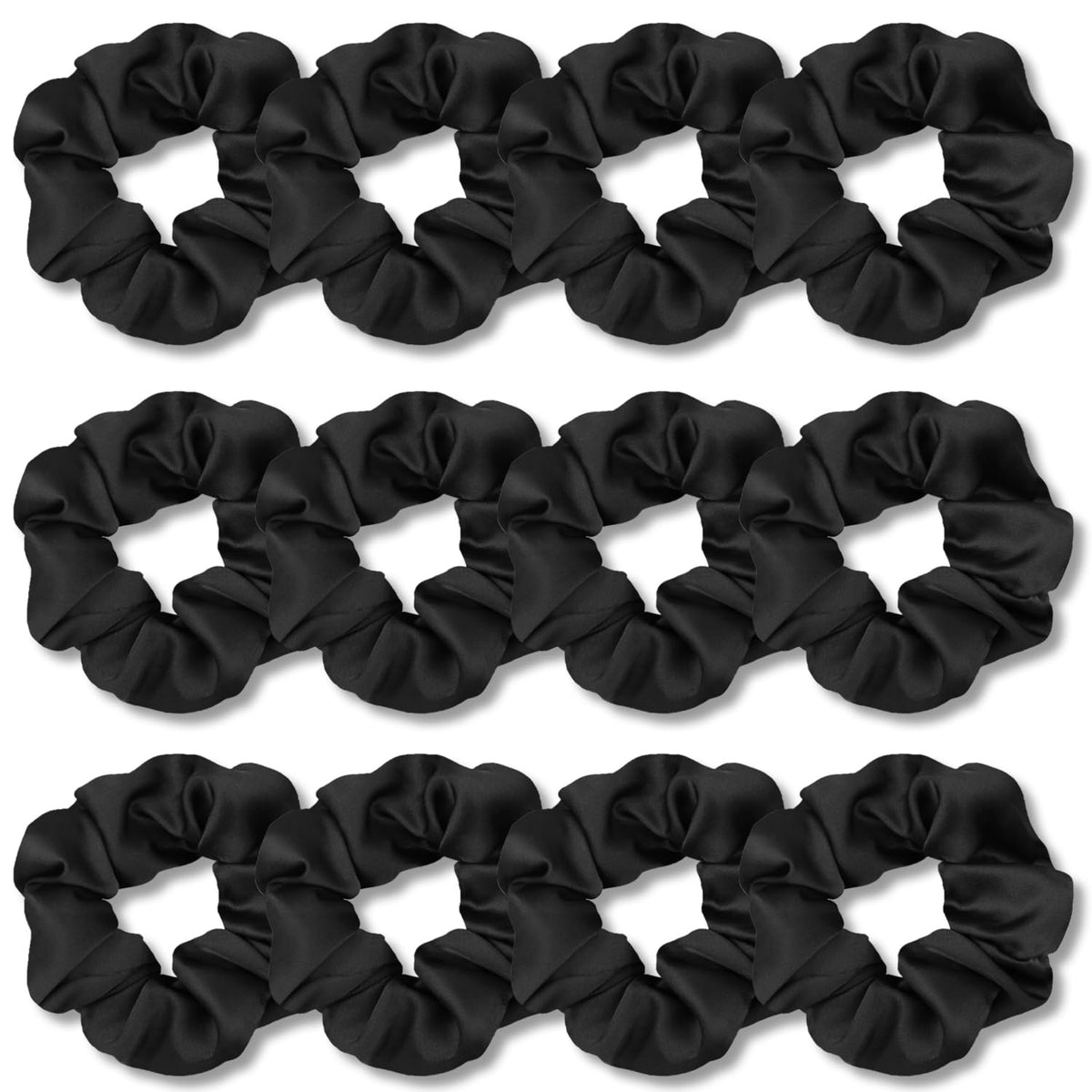 IVARYSS front packaging showing 12 black satin scrunchies and neat arrangement for convenience