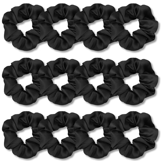 IVARYSS front packaging showing 12 black satin scrunchies and neat arrangement for convenience