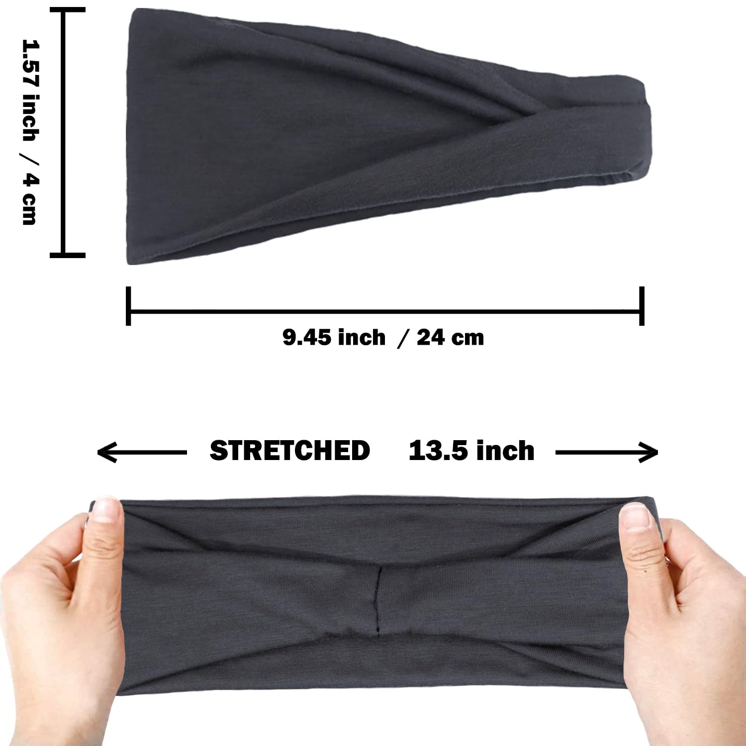 IVARYSS headband in hand showing 9.45 inch length and flexible fit