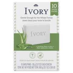 Ivory aloe front packaging showing mild scent and pack of 10 for convenience