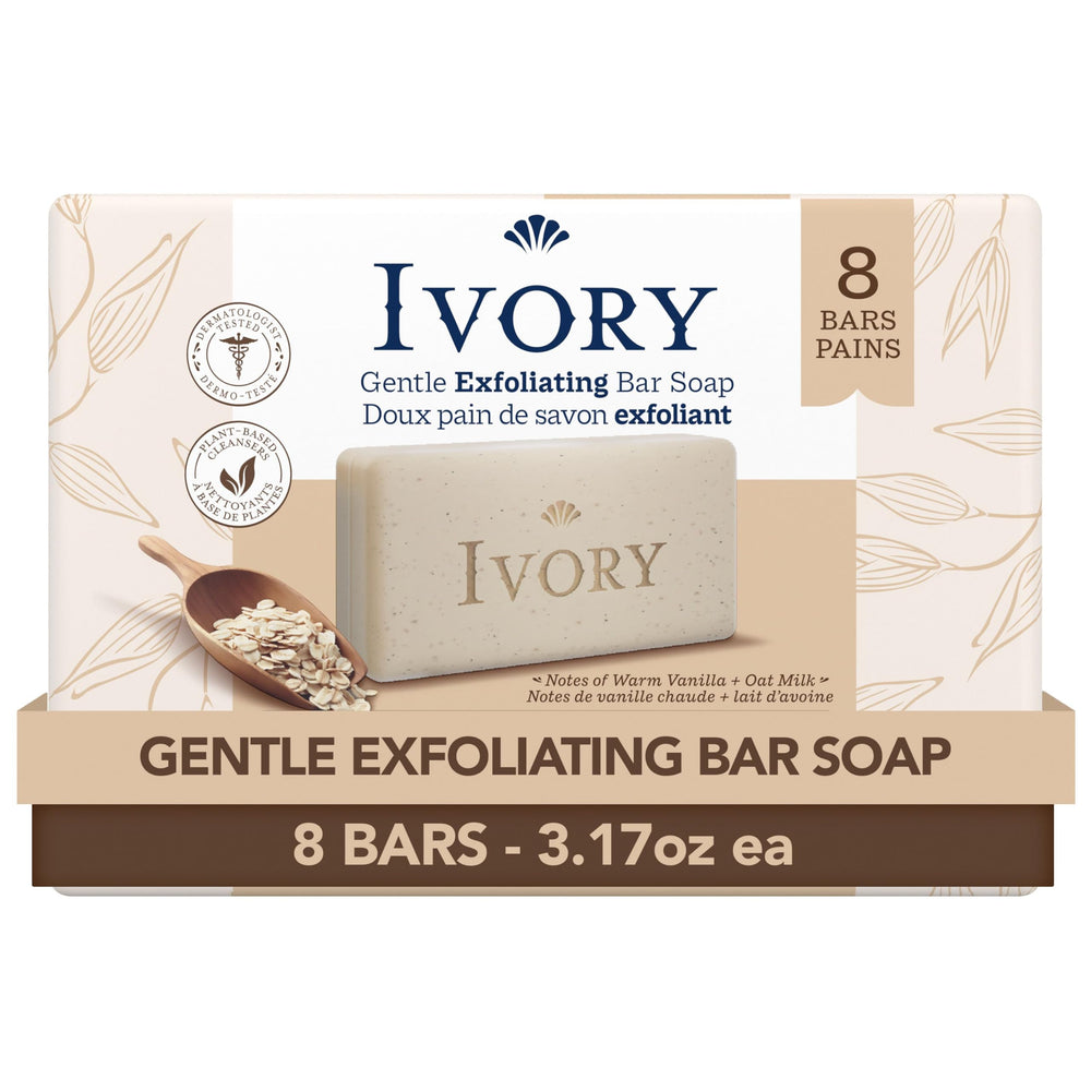 Ivory exfoliating bar front packaging showing product and gentle scent benefit