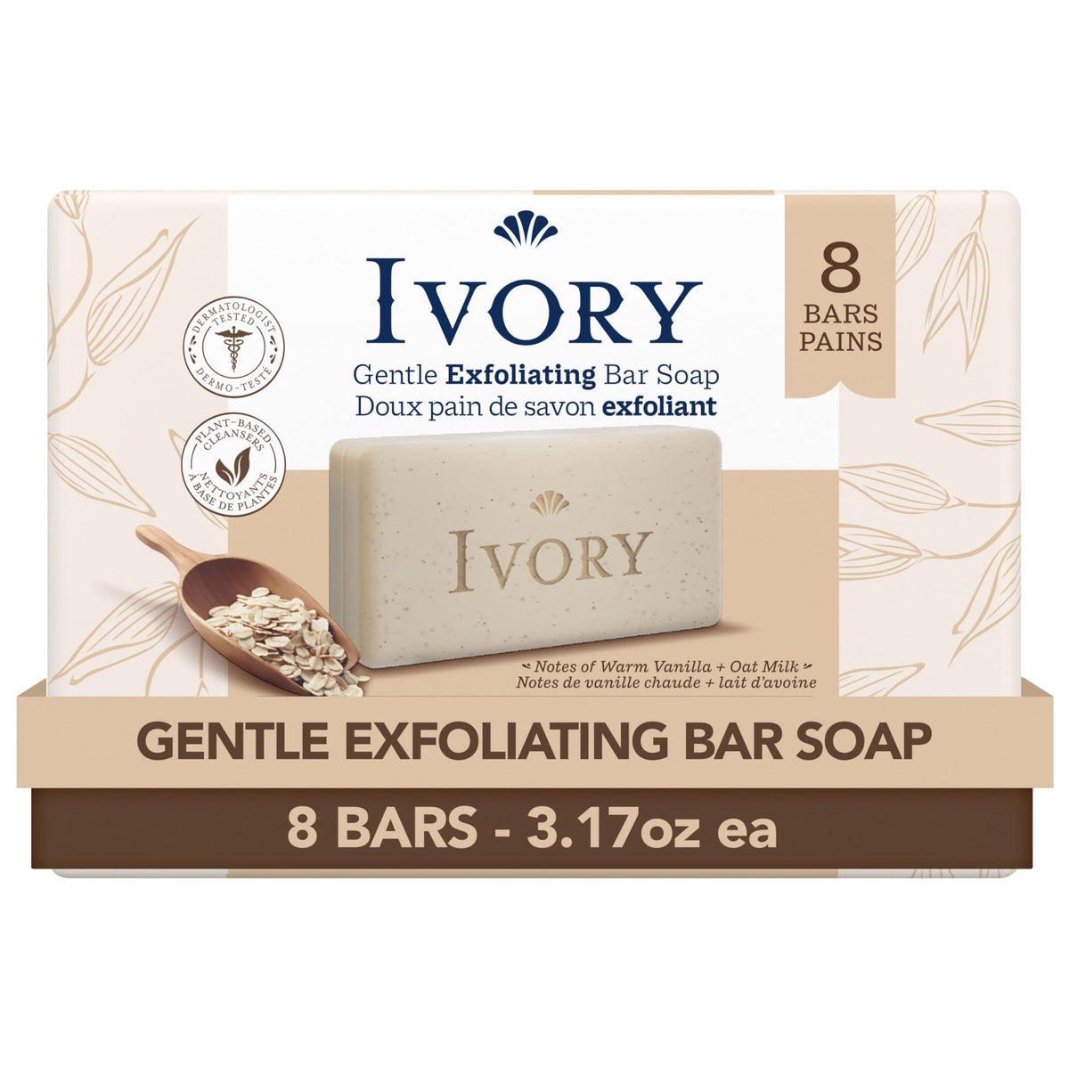 Ivory exfoliating bar front packaging showing product and gentle scent benefit