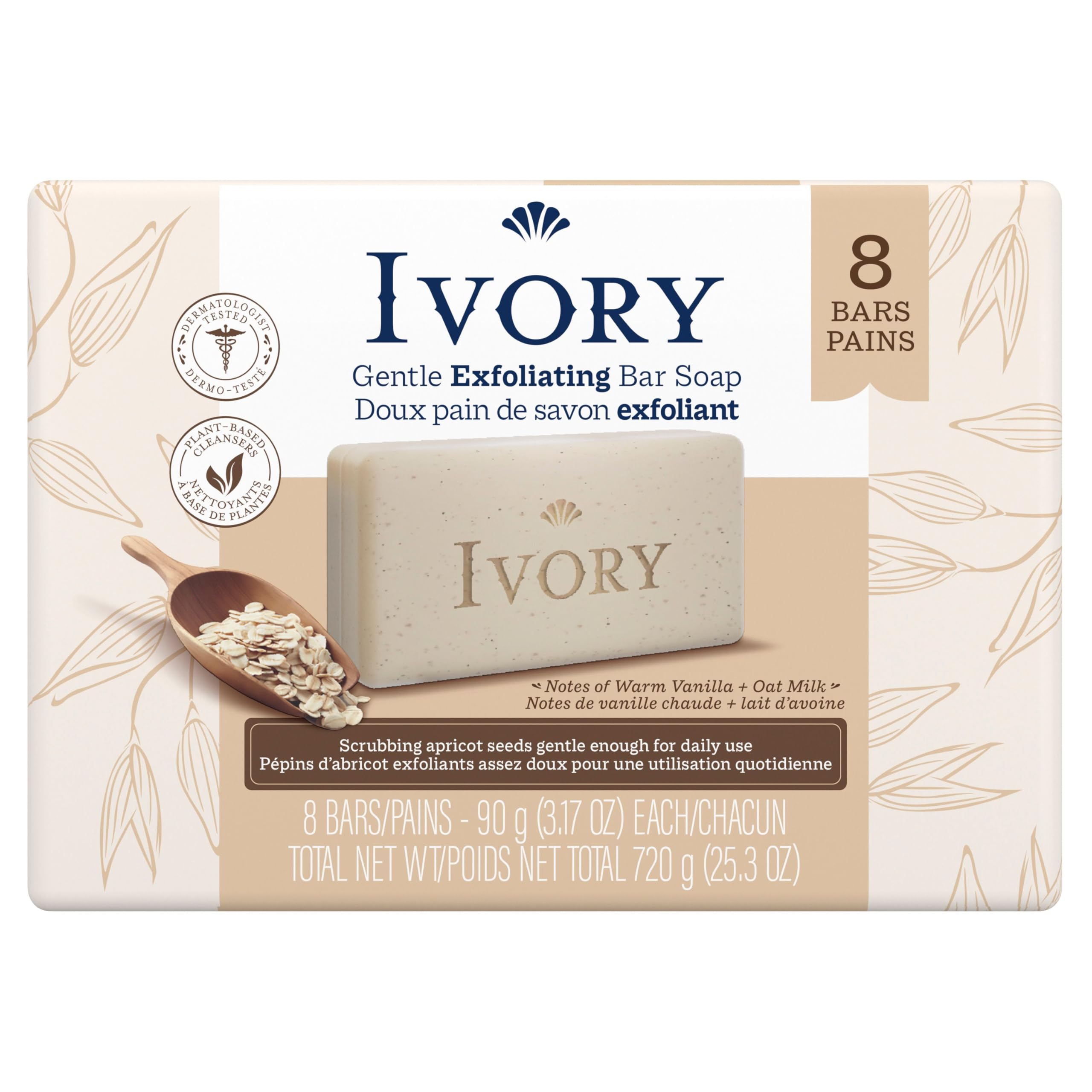 Ivory stacked bars on bathroom shelf conveying value pack and family use