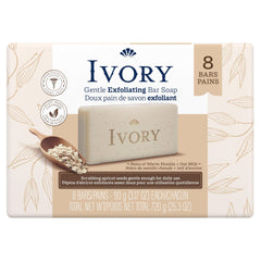 Ivory stacked bars on bathroom shelf conveying value pack and family use