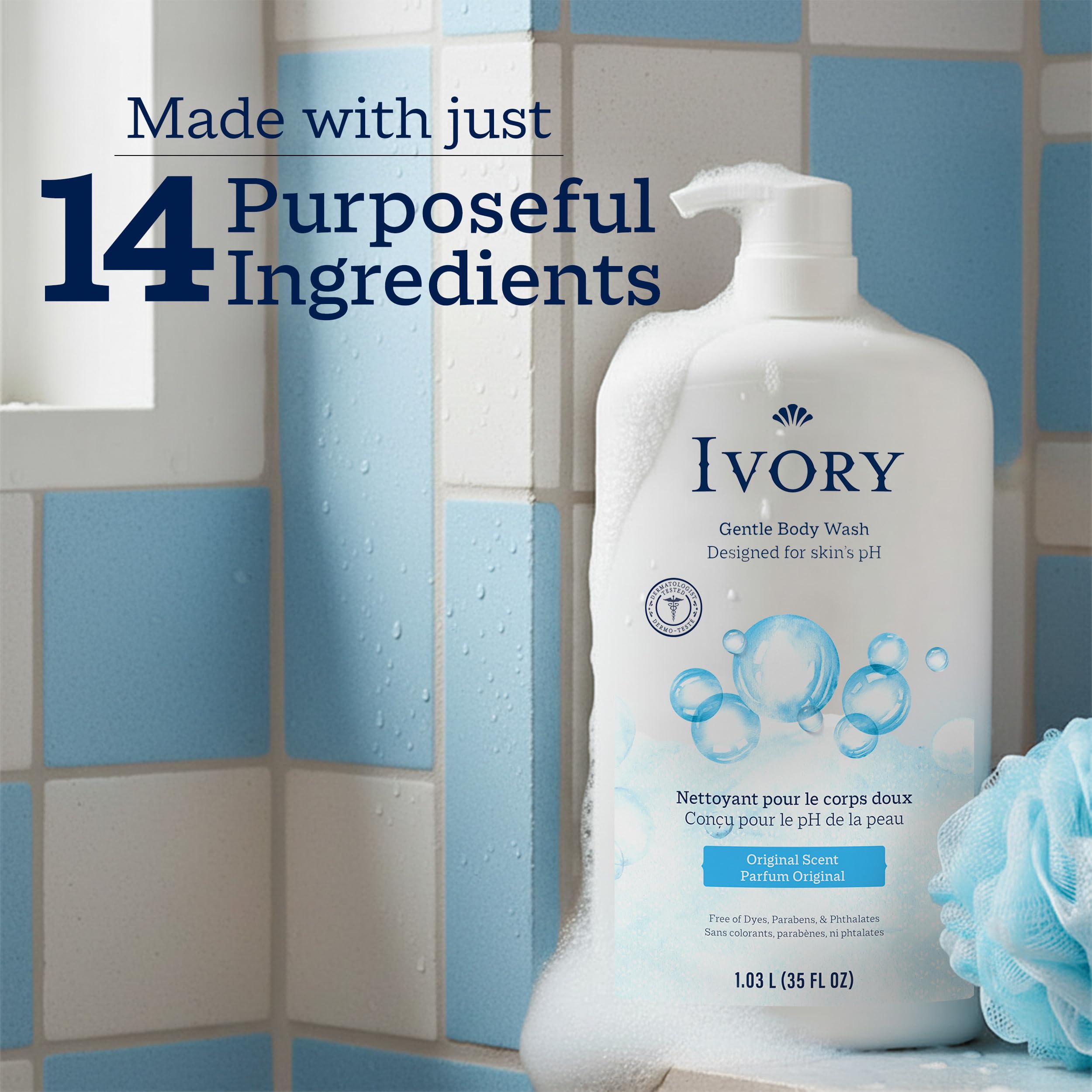 Ivory family in shower lifestyle image showing safe gentle cleansing for all ages