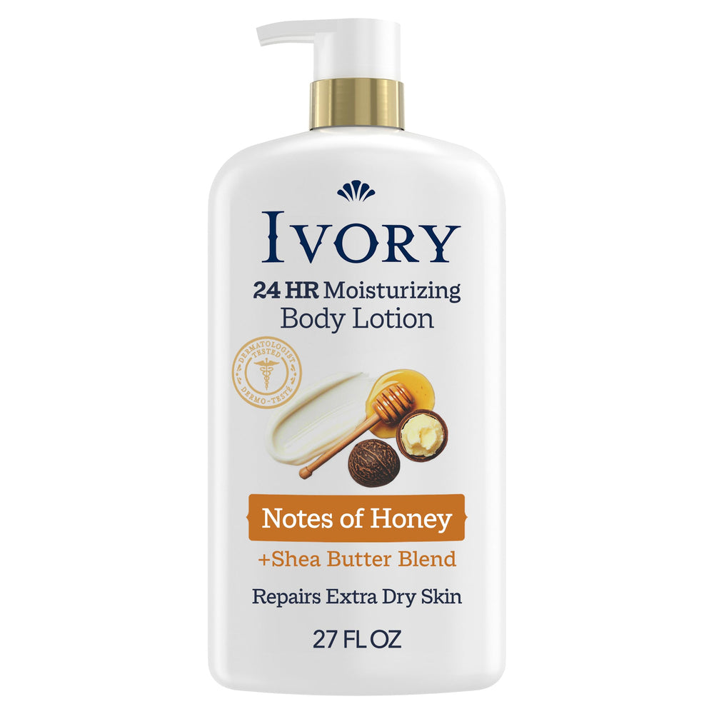 Ivory front label showing 27 fl oz and 24hr moisture benefits