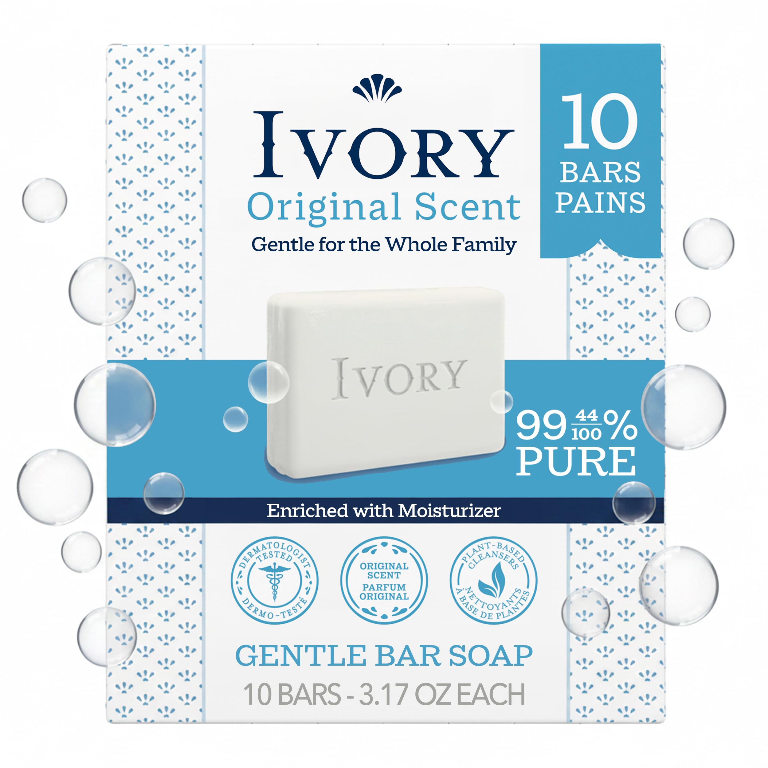 Ivory front packaging 10-count showing value and gentle formula benefit