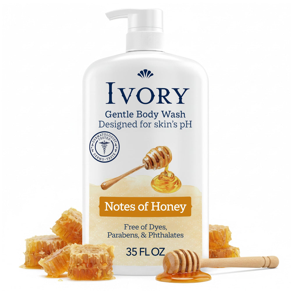 Ivory front packaging honey 35 oz showing gentle family cleanser benefit