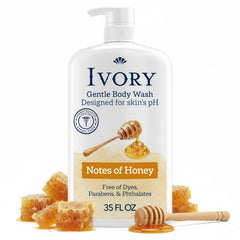 Ivory front packaging honey 35 oz showing gentle family cleanser benefit