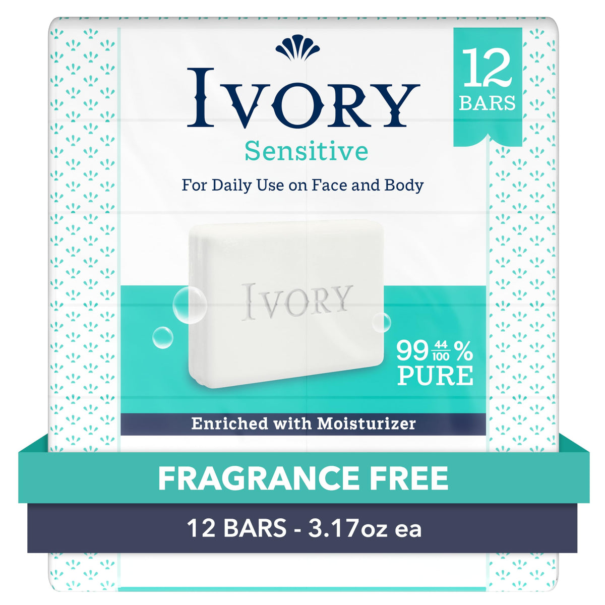 Ivory front packaging showing 12-count and gentle, fragrance-free benefit
