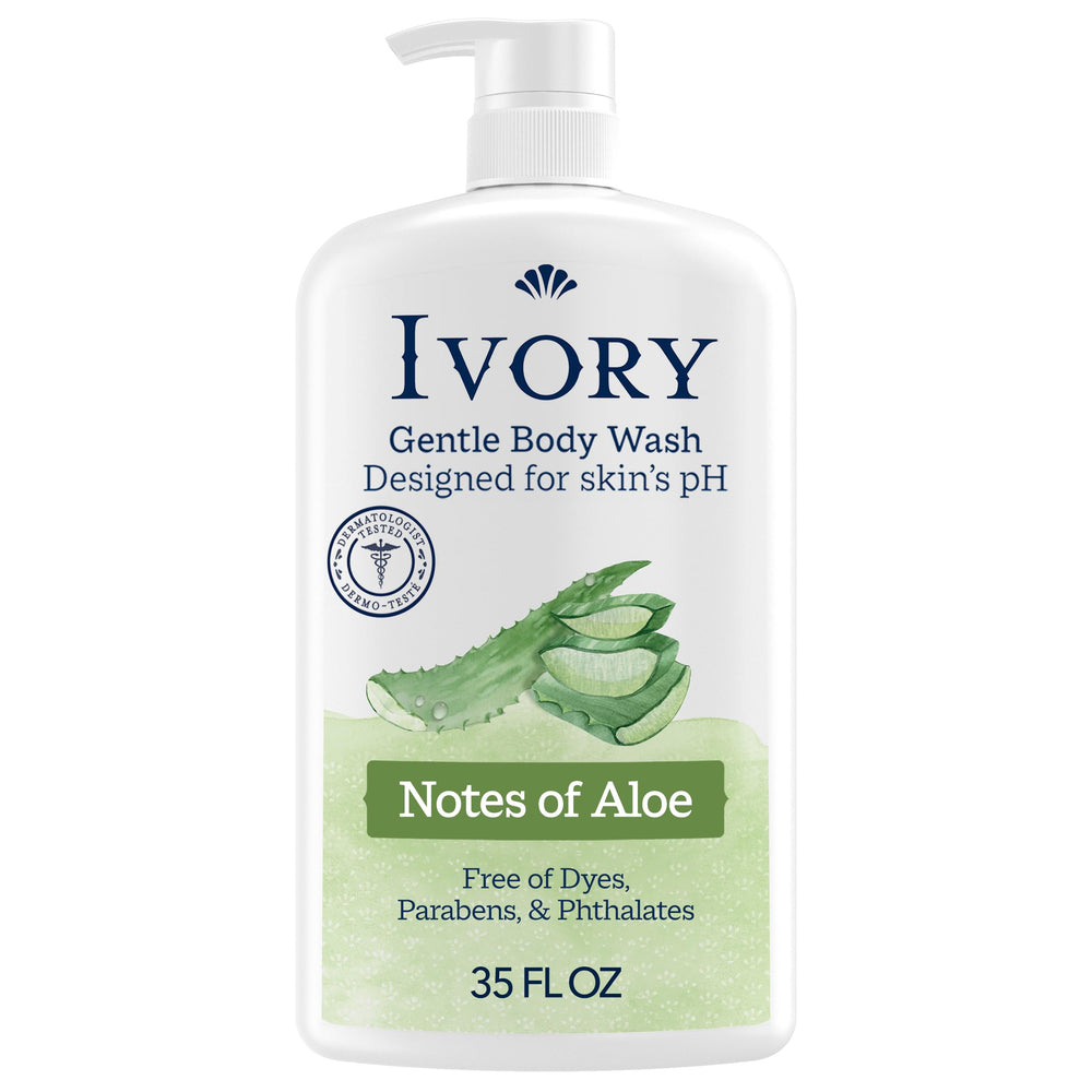 Ivory gentle body wash front label showing aloe scent and family-friendly benefits
