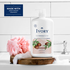 Ivory body wash in shower being applied indicating smooth cleansing action