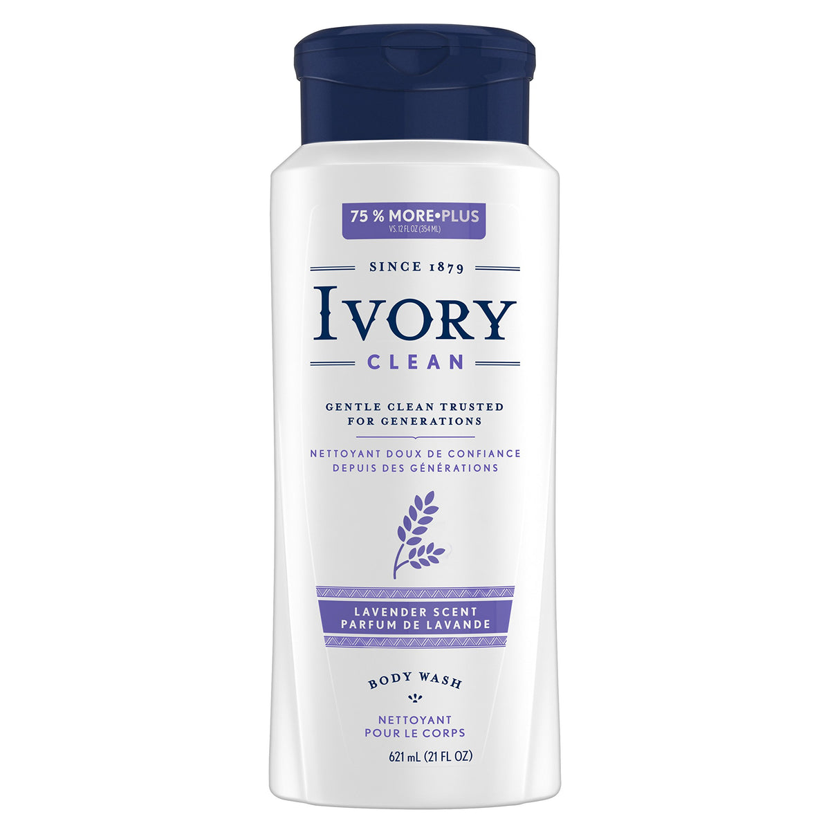 Ivory lavender bottle front view showing calming scent and gentle cleanse