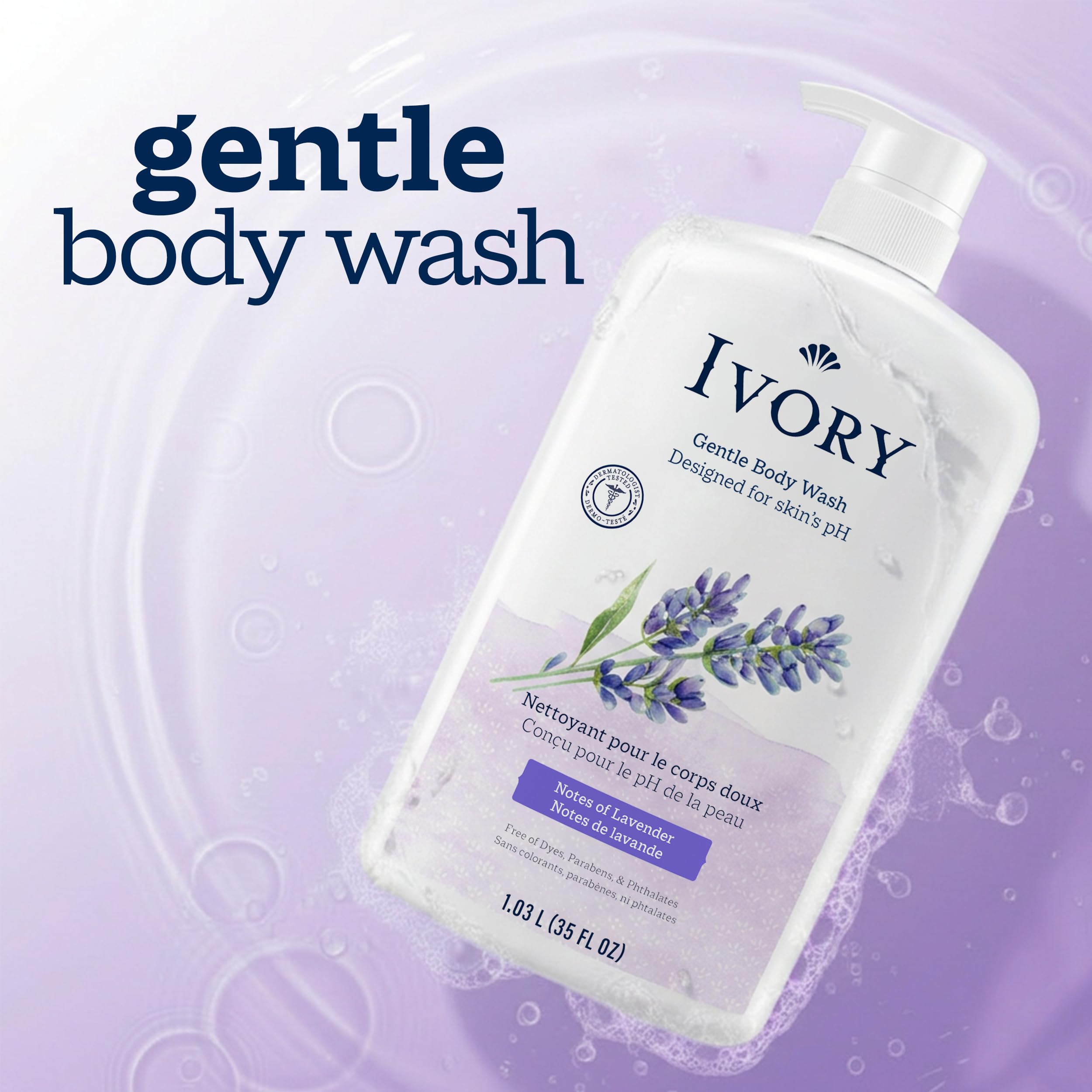 Foamy texture from Ivory lavender body wash showing gentle cleansing