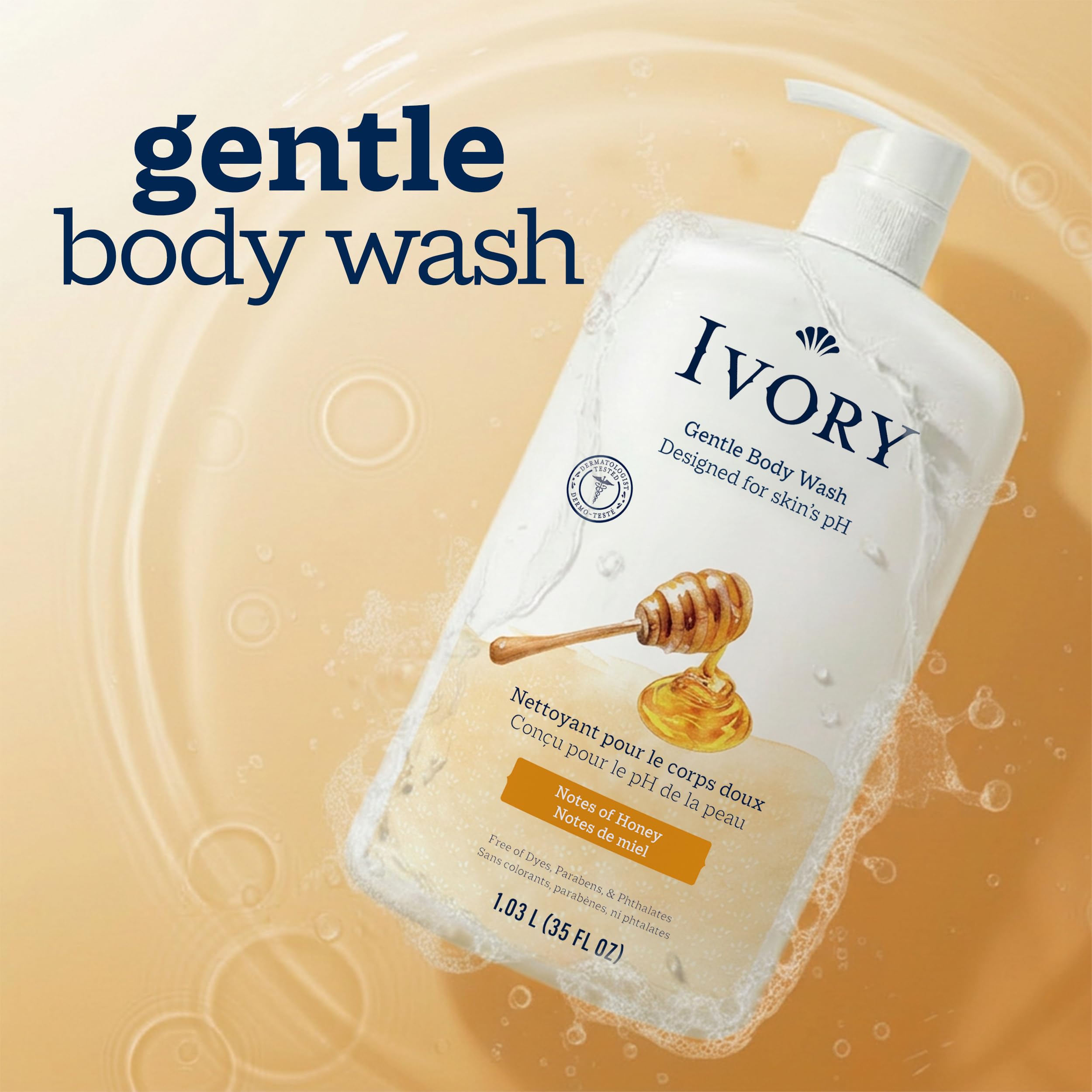 Ivory pump dispensing body wash demonstrating easy one-handed use benefit