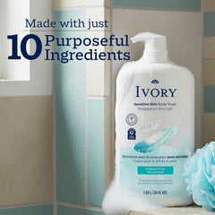 Parent and child using Ivory Sensitive in shower promoting safe family use benefit
