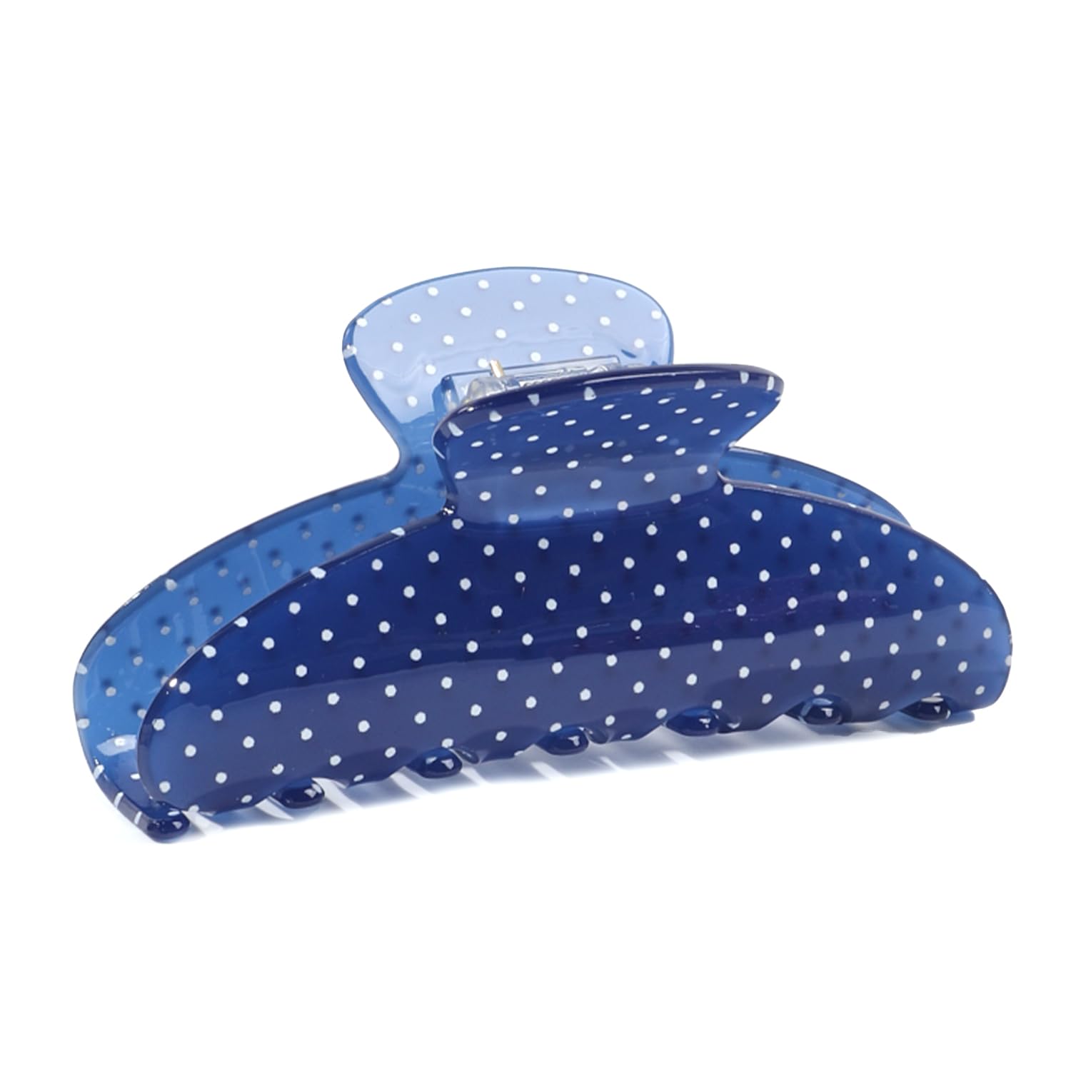 Ivyu blue polka dot clip front view showing secure hold and style