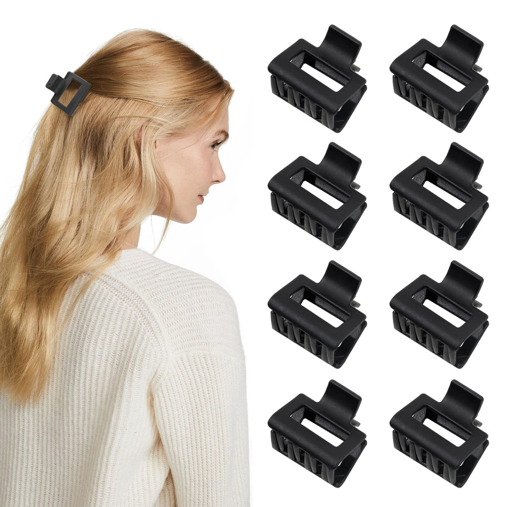 Ivyu front view of eight black mini claw clips showing compact pack and uniform design, easy storage
