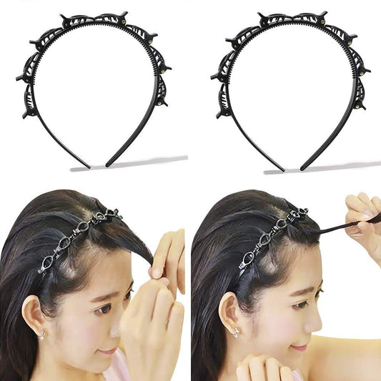 Ivyu front view of two black braided headbands showing sleek look and practicality